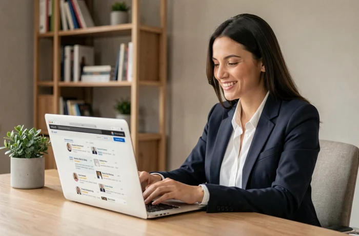 Femme en blazer marine cherchant des offres d'intérim sur son ordinateur portable dans un bureau à domicile moderne