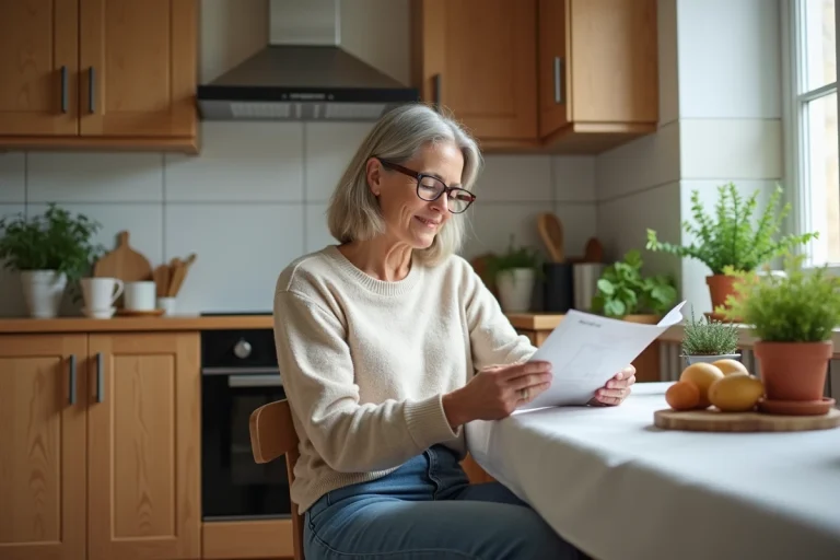 Femme d'âge moyen lisant une brochure santé dans sa cuisine