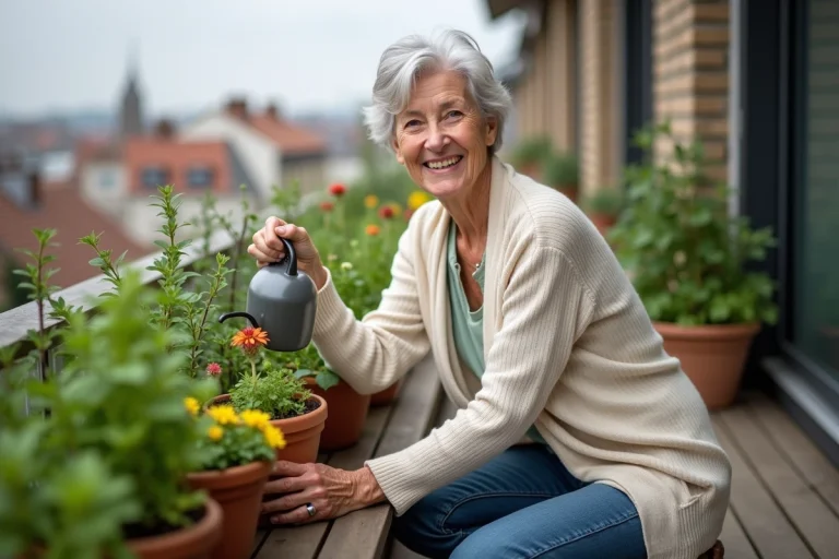 Femme senior arrosant ses plantes de balcon
