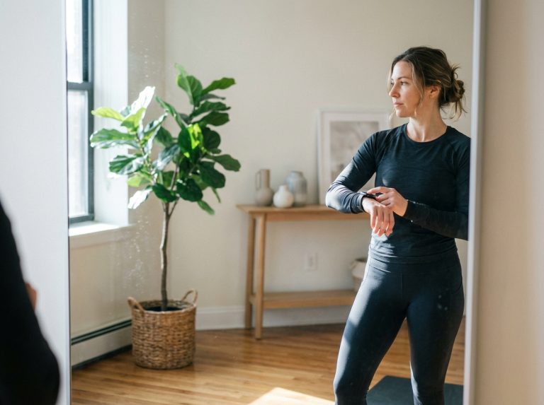 Femme en tenue de sport ajustant un bracelet connecté dans un appartement lumineux