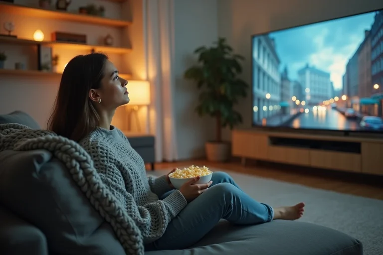 Jeune femme regardant un film en streaming sur sa télévision dans un salon cosy