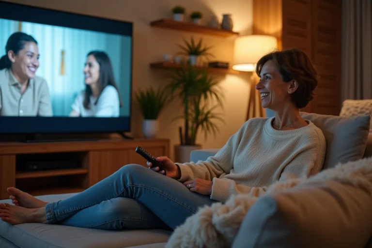 Femme détendue regardant la télévision à la maison