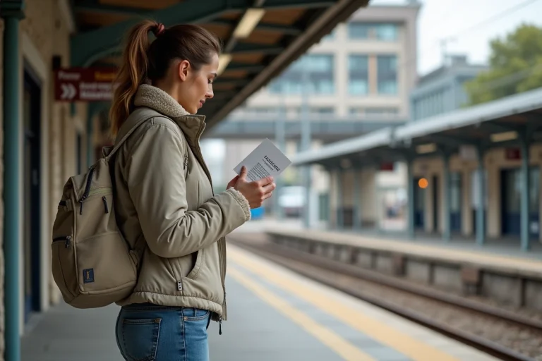 Femme avec billet train devant panneau direction Espagne à Pau