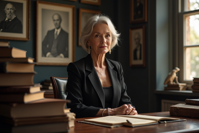 Femme élégante dans un bureau vintage entourée de livres et portraits