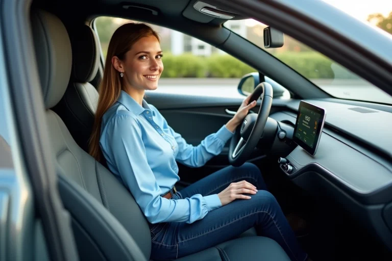 Femme élégante dans une voiture électrique moderne en station de recharge