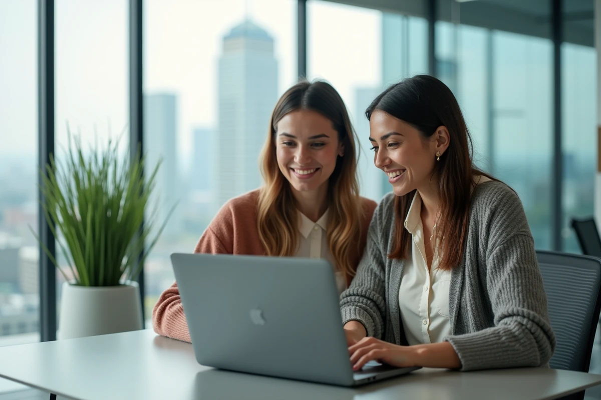 Deux femmes en réunion Zoom dans un bureau moderne