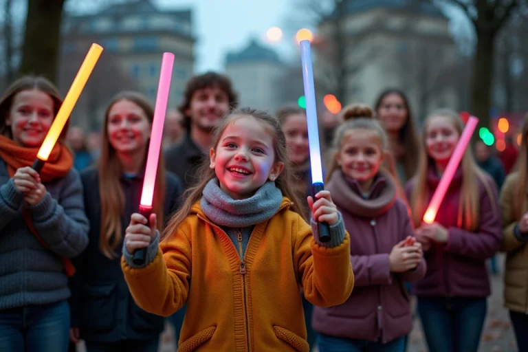 Groupe d'enfants et adultes souriants avec LED et confettis