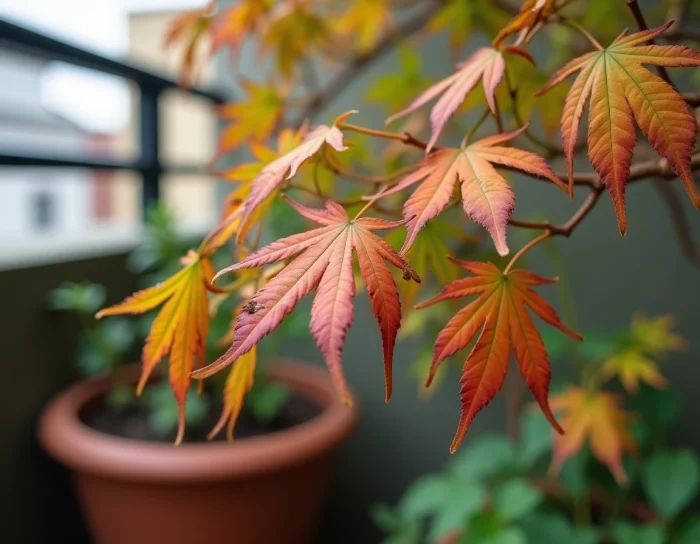 Gros plan sur les feuilles d'un érable du Japon avec bords bruns et jaunissement, signes de stress hydrique ou de maladie