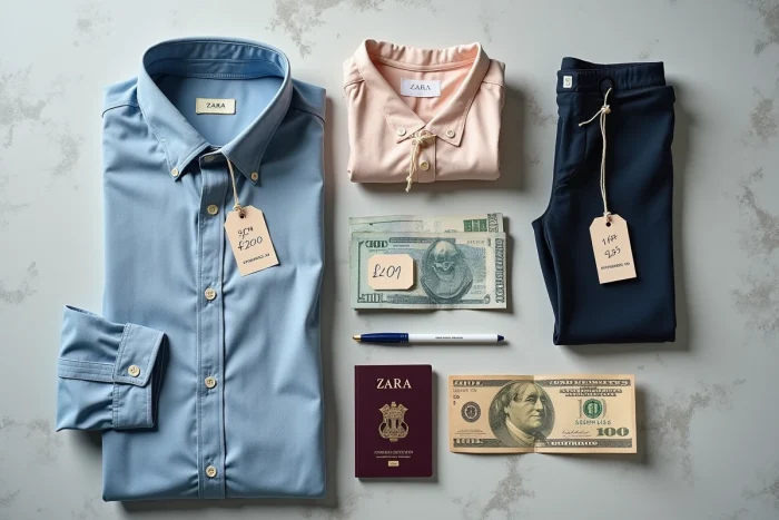 Flat lay de vêtements Zara avec étiquettes de prix en différentes devises pour une comparaison internationale