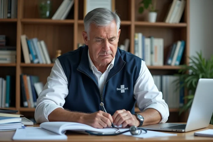 Formateur en secourisme préparant son cours avec des manuels de premiers secours et un certificat affiché au mur