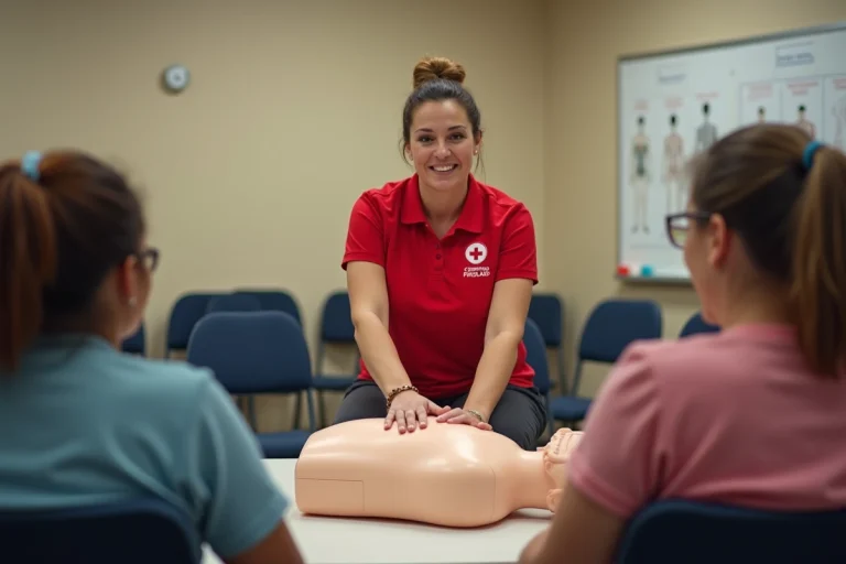 Formatrice en secourisme enseignant les gestes de premiers secours sur mannequin à un groupe d'adultes en salle de formation