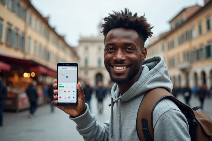 Jeune homme utilisant Google Traduction en mode hors-ligne dans une place publique européenne avec couverture multilingue