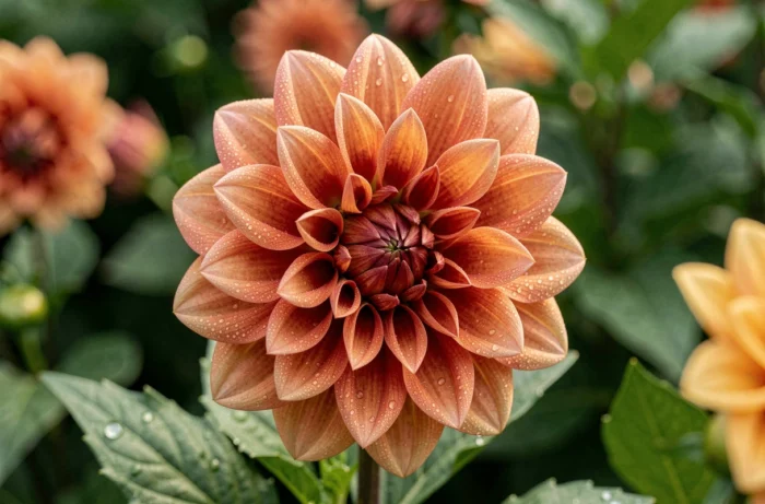 Gros plan d'un dahlia corail et ambré avec gouttes de rosée sur les pétales dans un jardin au lever du jour