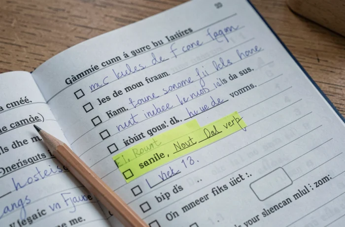Gros plan sur des exercices de classe grammaticale de 6ème avec des réponses manuscrites dans un cahier de français ouvert