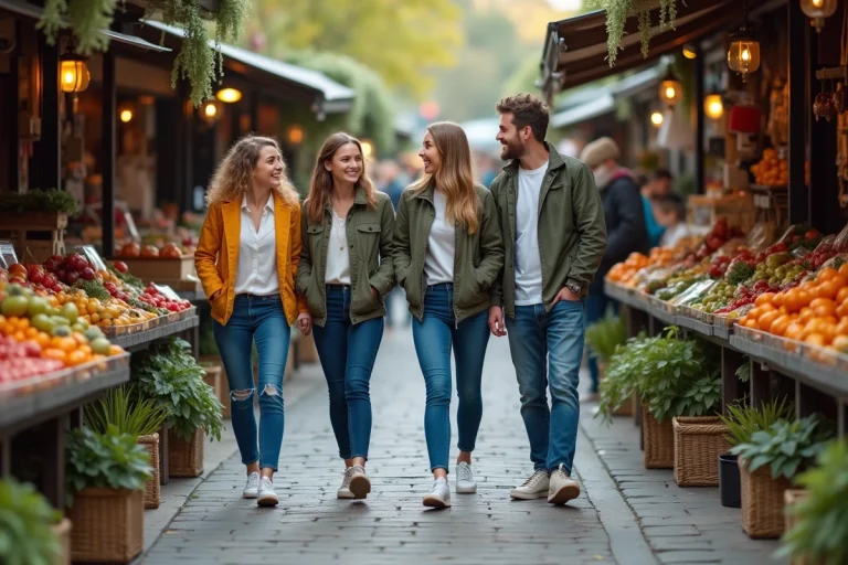 Groupe d'amis souriants dans un marché local coloré