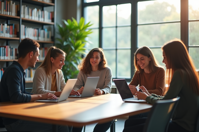 Groupe d'étudiants divers dans une bibliothèque lumineuse