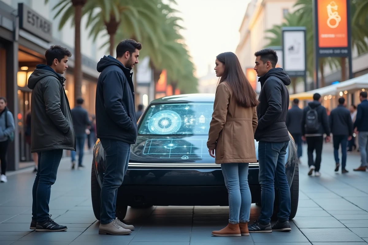 Groupe de jeunes regardant un tableau de bord holographique lors d