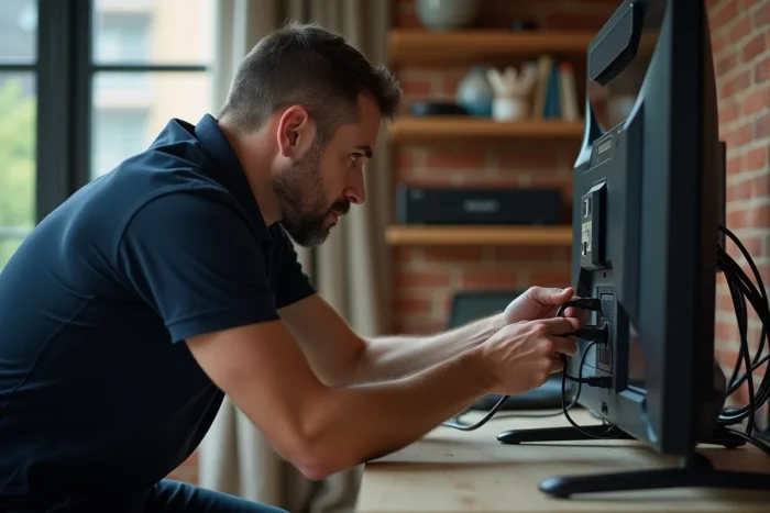 Homme branchant un câble Ethernet à l'arrière d'une smart TV dans un bureau à domicile