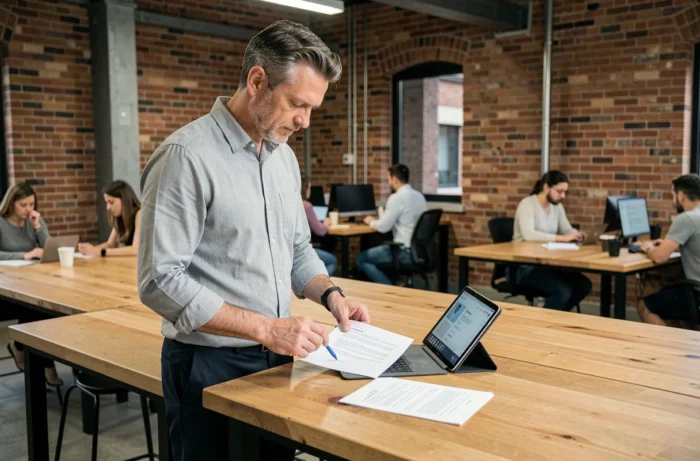 Homme professionnel consultant des offres d'emploi intérimaire sur une tablette dans un espace de coworking moderne