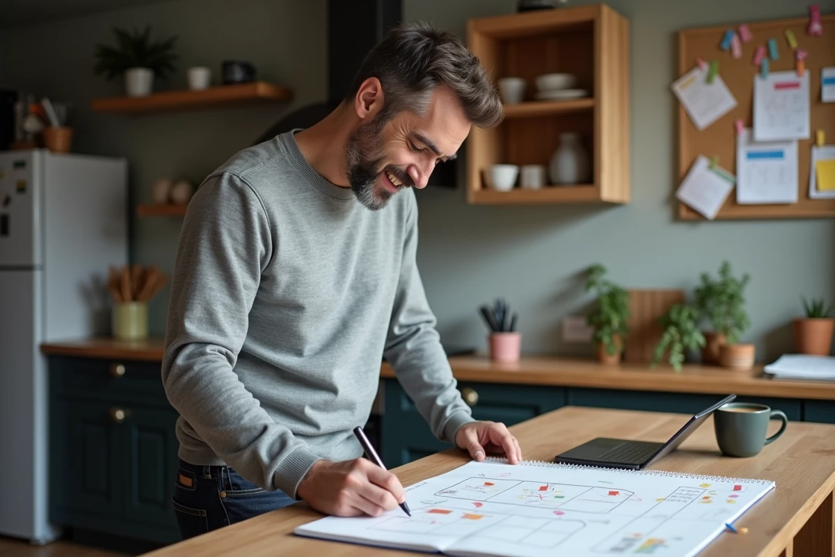 Homme dessinant une structure de site web à la maison