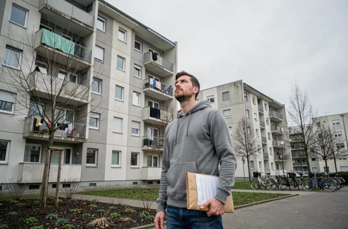 Homme tenant un dossier DALO devant un immeuble HLM en banlieue française en attente d'un logement social