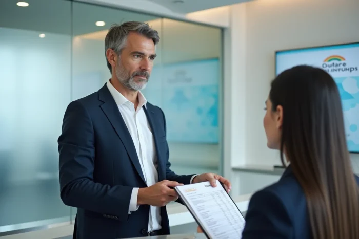 Homme déposant un dossier de remboursement EF au guichet d'une banque