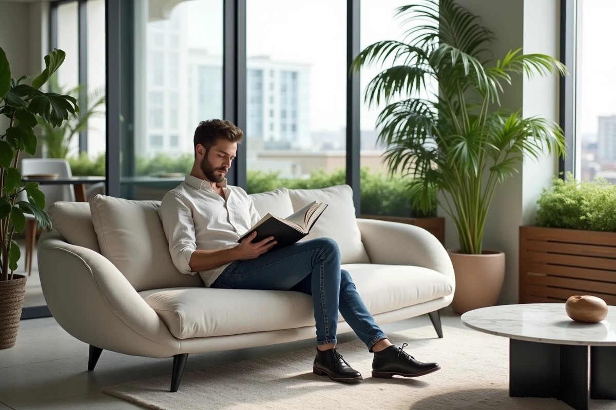 Jeune homme lisant sur un canapé design dans un appartement lumineux