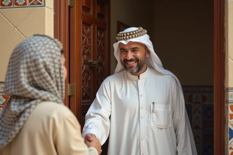 Homme nord-africain en gandoura saluant un voisin à la maison
