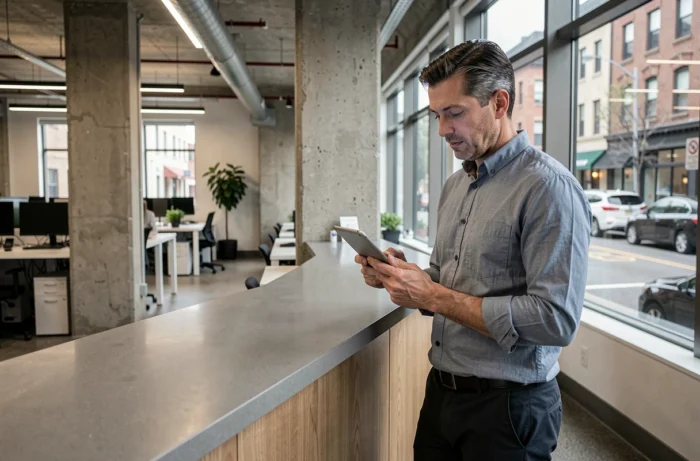 Homme consultant des offres d'emploi locales sur une tablette dans un espace de coworking moderne