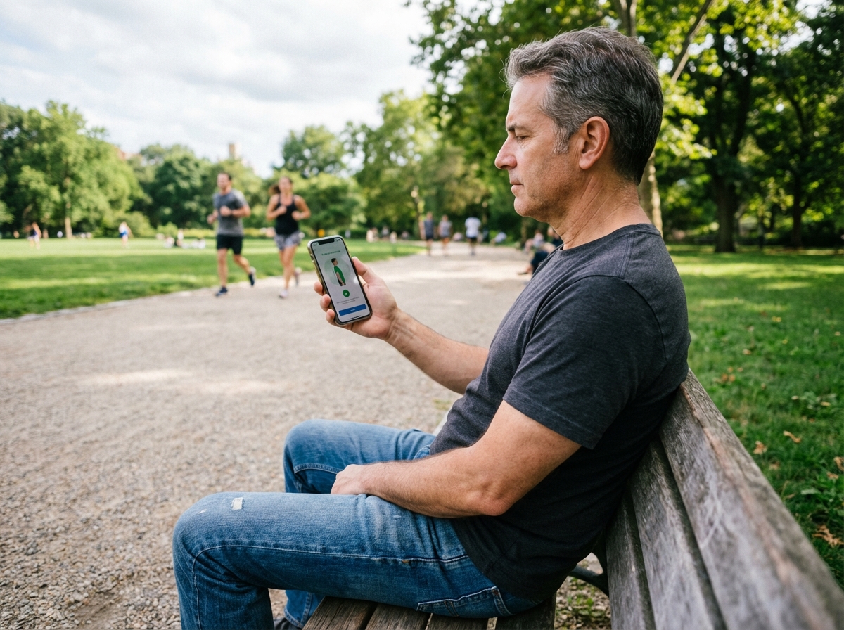 Homme relaxant sur un banc de parc utilisant une application de posture