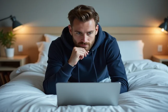 Homme parcourant une plateforme de streaming sur son ordinateur portable dans sa chambre