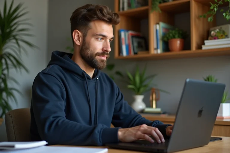 Homme en visioconference dans un bureau à domicile