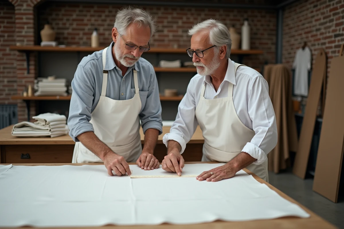 Deux hommes mesurant du tissu dans un atelier industriel