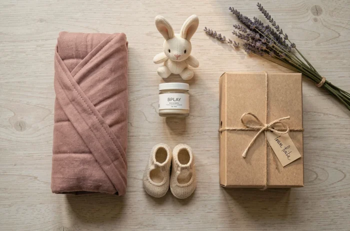 Idées cadeaux bébé disposées en flat lay sur bois clair avec hochet, chaussons tricotés et boîte cadeau kraft