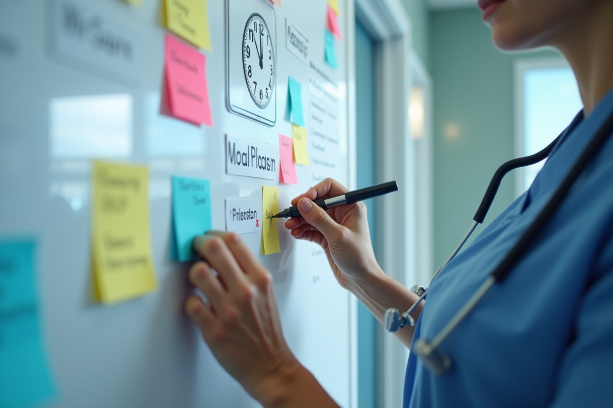 Infirmière écrivant sur un tableau de planification patient