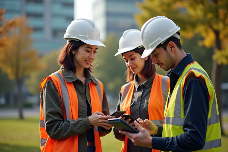 Groupe de travailleurs publics utilisant des outils numériques lors d'une inspection urbaine