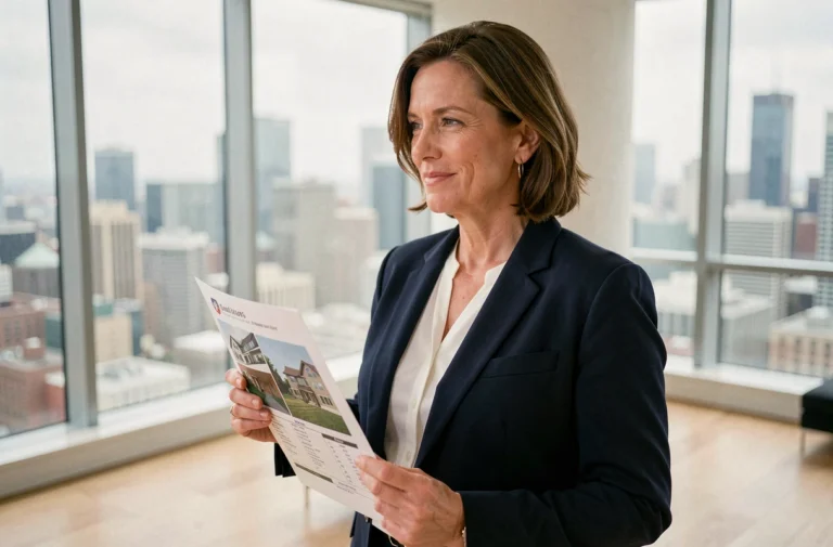 Femme investisseur immobilier tenant une annonce dans un appartement moderne avec vue sur la ville