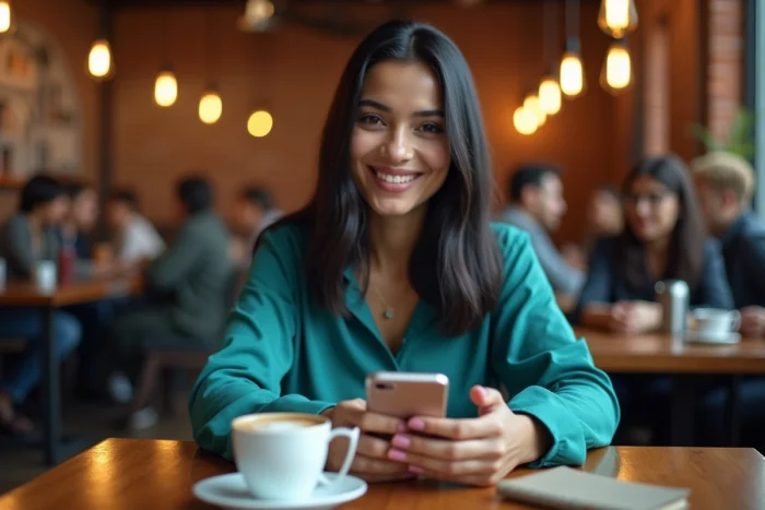 Femme sud-asiatique comparant iTranslate sur iPhone et Android pour la traduction texte et voix dans un café