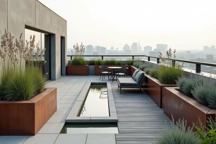 Jardin de toiture urbain avec jardinières géométriques en béton et acier corten, plantes ornementales et mobilier design