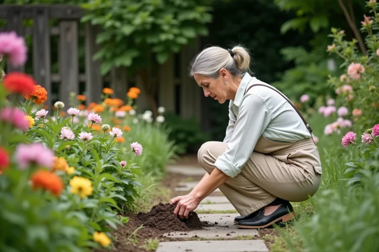 Femme jardiniere en pleine action dans un jardin fleuri