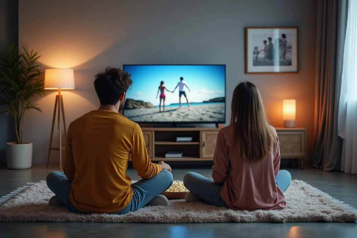 Jeune couple regardant un film ensemble à la maison