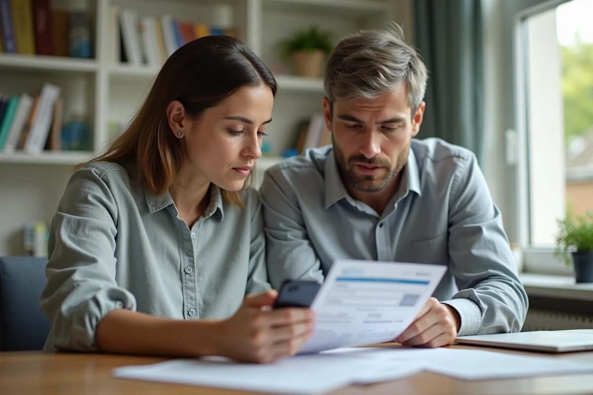 Jeune homme et femme regardant un smartphone et des papiers