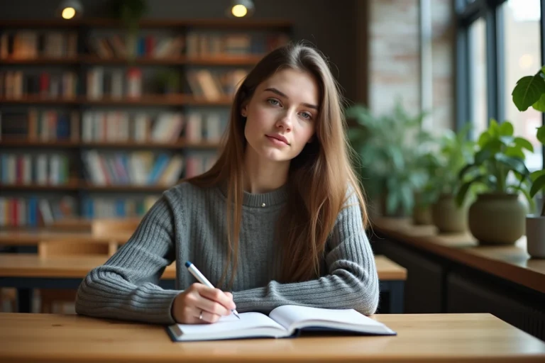 Jeune femme studieuse dans une bibliothèque universitaire