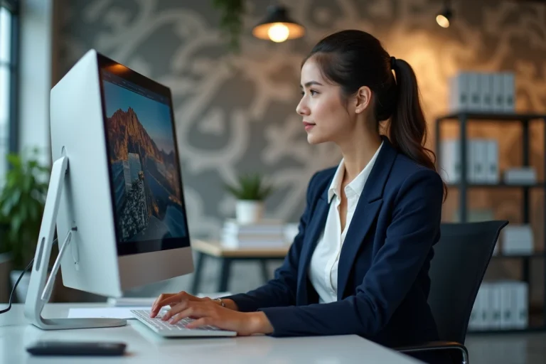 Jeune femme professionnelle au bureau travaillant sur un ordinateur