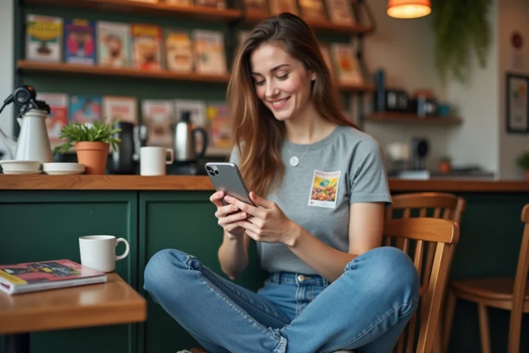 Jeune femme en denim souriante avec smartphone en café