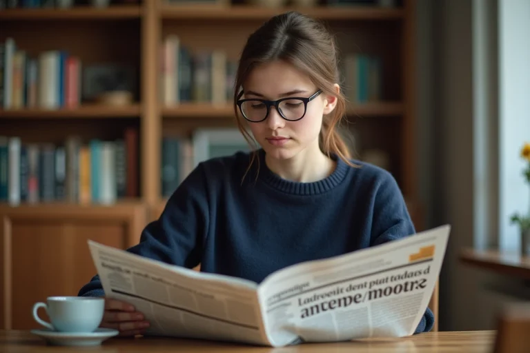 Jeune femme attentive lisant un journal dans la cuisine chaleureuse