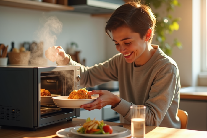 Jeune femme souriante sortant un repas chaud du micro-ondes dans une cuisine lumineuse