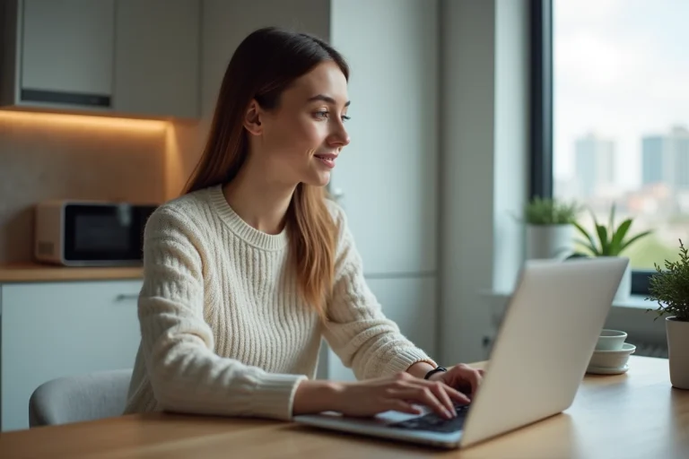 Jeune femme au laptop en cuisine pour recherche emploi