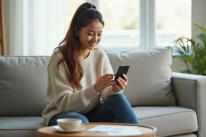 Jeune femme suivant sa demande de remboursement EF sur smartphone depuis son salon