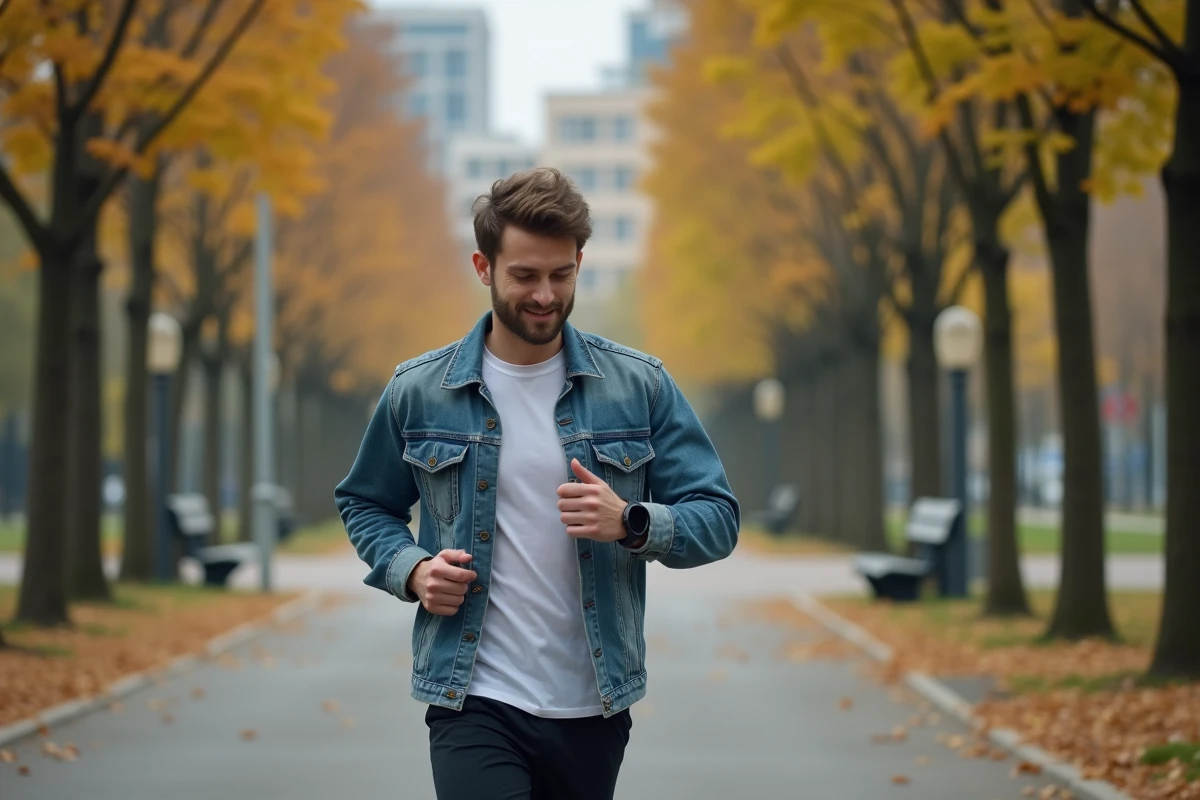 Jeune homme courant dans un parc urbain avec montre connectée